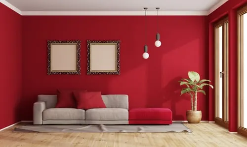 Modern living room with a bold red accent wall, grey sofa and natural light
